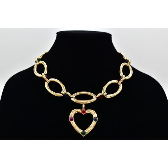 Givenchy Vintage Cabochon Heart Collar Necklace Crystal Chunky RARE Signed Bin7B - Picture 1 of 16